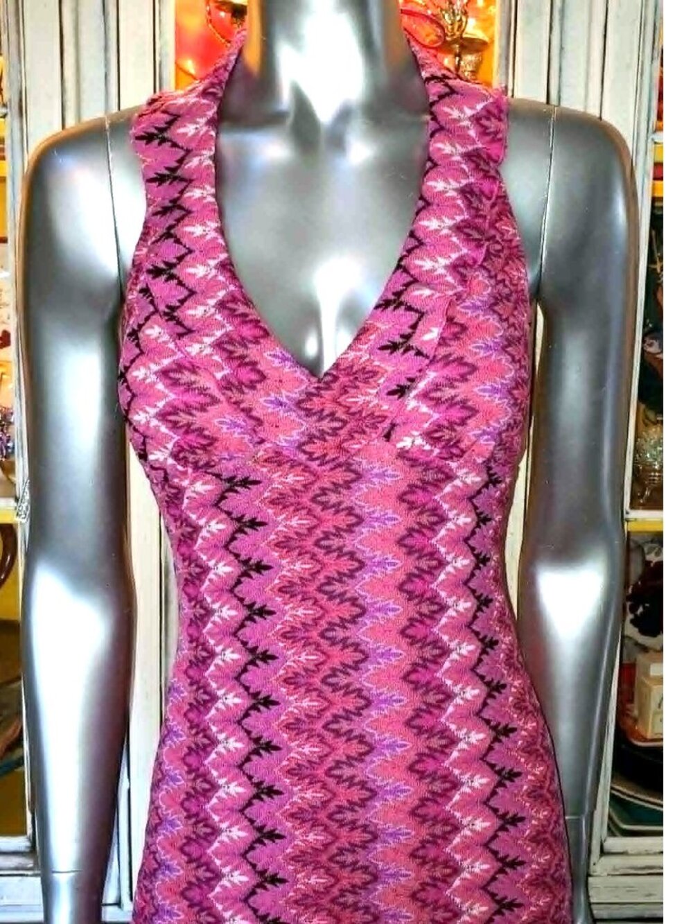 Betsey Johnson Vintage New York Y2K 90s Open Woven Knit Pink Midi Halter Dress S - Picture 11 of 16